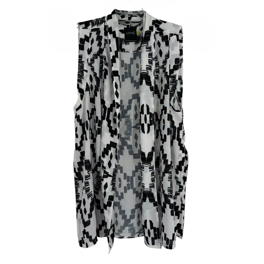 Lysse Women Vest Size XL Open Front Black White Longline Lightweight Collar